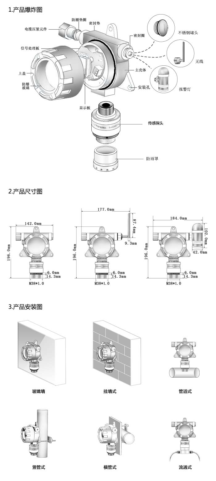 大眾固定安裝式1-丁炔濃度檢測(cè)儀雙氣型網(wǎng)絡(luò)版尺寸與安裝圖